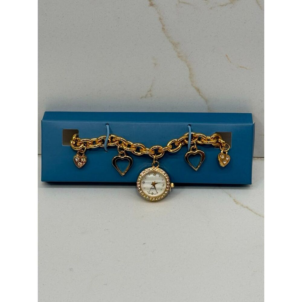 Avon 2005 Charming Heart Bracelet Watch Goldtone Crystals – New in Box